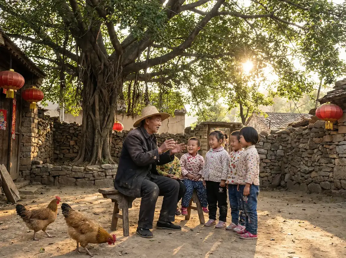 老人在大榕树下给孩子们讲故事 - 燃欲h鸽塔 乡村记忆